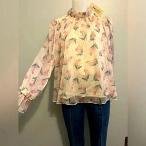 lined floral sheer blouse, sz S, cream, pink, green, Spring, Easter